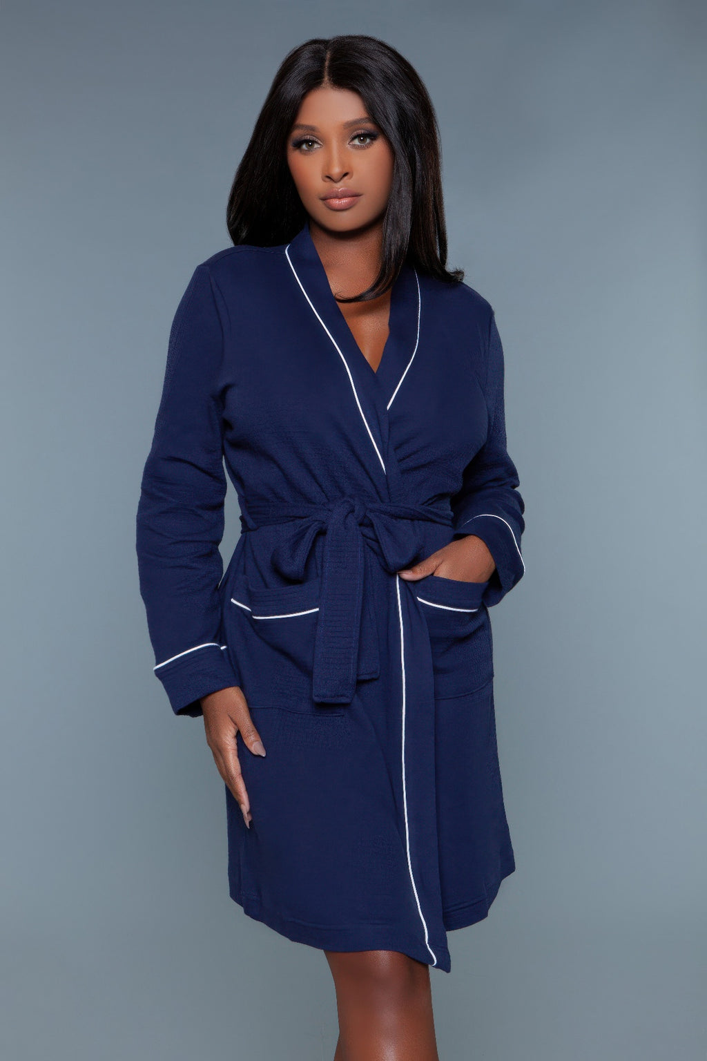 Waffle robe queen in navy blue with white trim lines, tie belt and front pockets