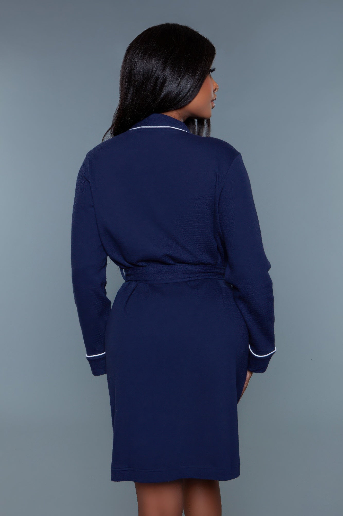 Waffle robe queen in navy blue, back view with waist tie and white-trimmed sleeves