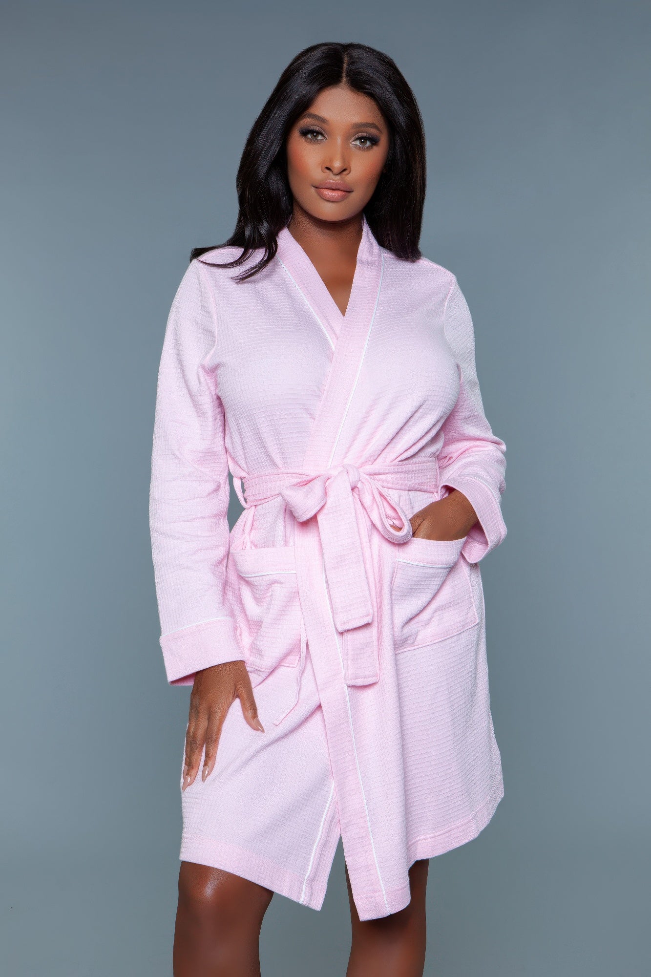 Waffle robe queen in light pink with sash belt and white V-trim, side pocket detail