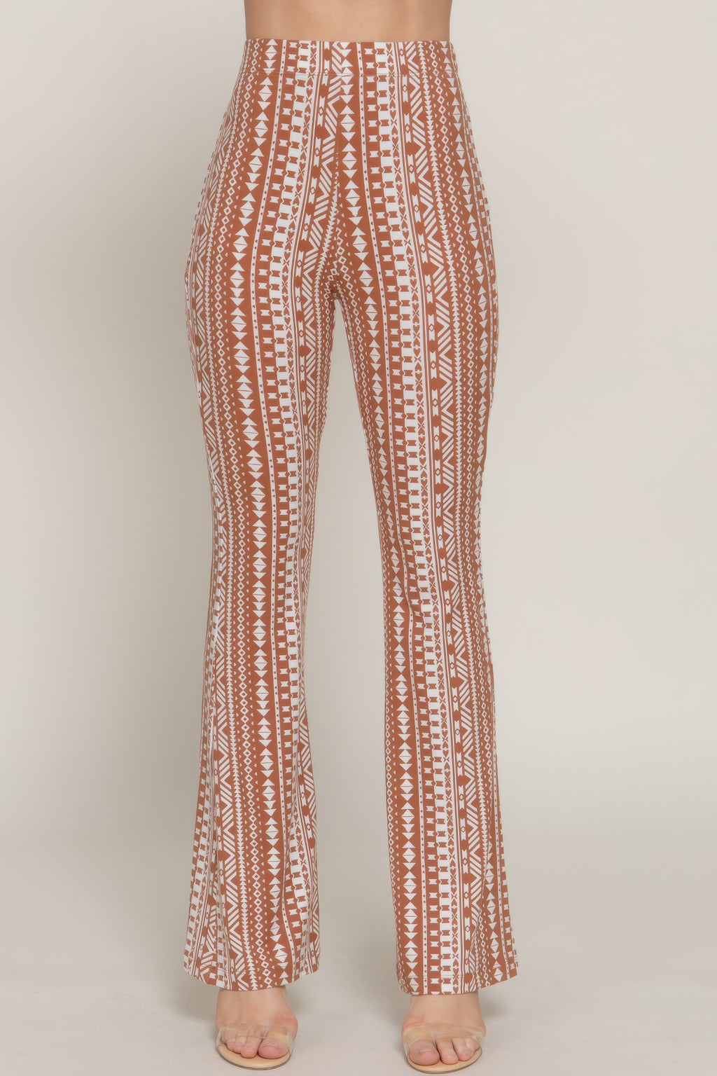 Braune Hose mit weitem Bein, Slim-Fit bis zum Knie, Elastikbund, Tribal-Print