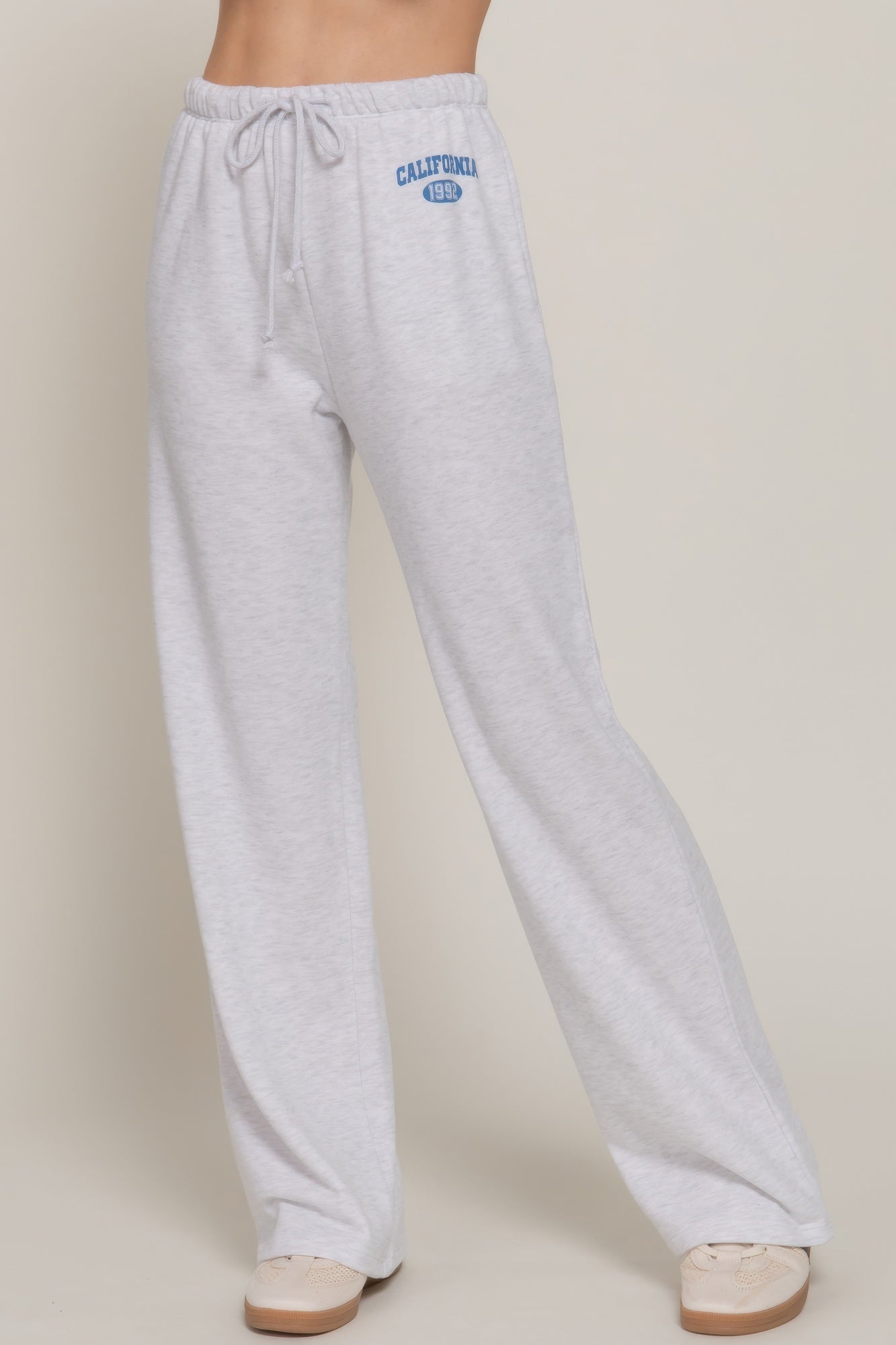 Grey-marl waistband print detail sweatpants with drawstring and small “CALIFORNIA 1992” logo