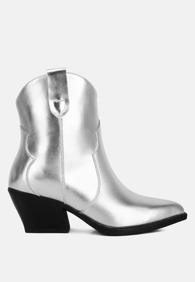 Silver metallic faux leather ankle boot with stacked block heel and pull-on panels