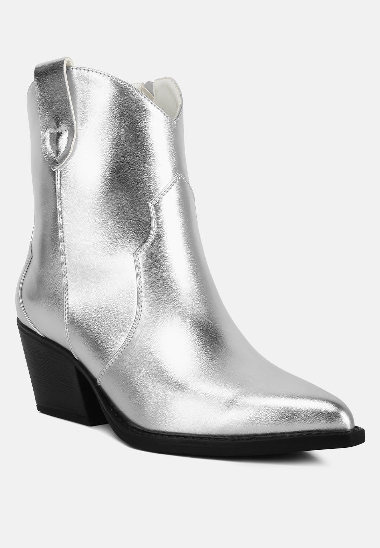 Silver metallic faux leather ankle boot, side view, pull tab and stitched gore
