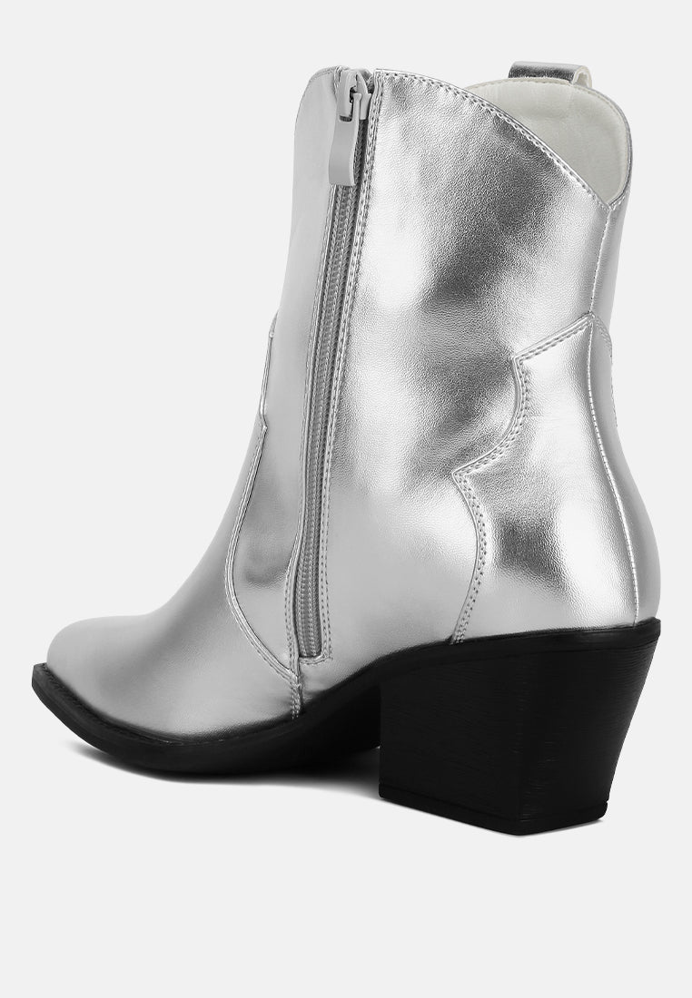 Silver metallic faux leather ankle boot with side zipper and stacked heel