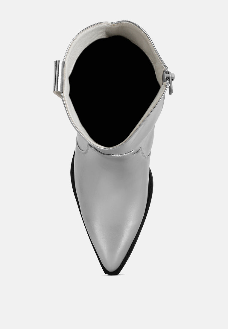 Silver metallic faux leather bootie with pointed toe, showing interior and zipper