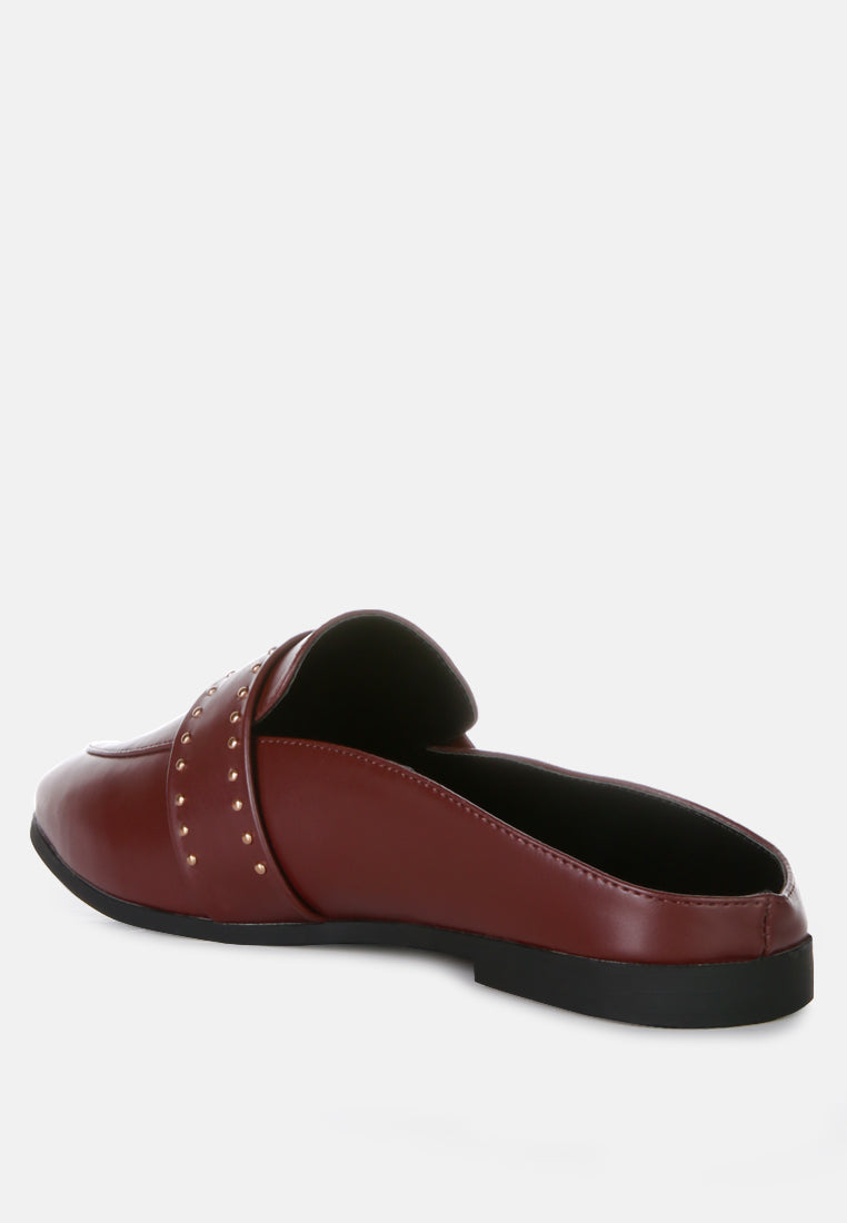 Burgundy studded mules, side view with open back and padded strap
