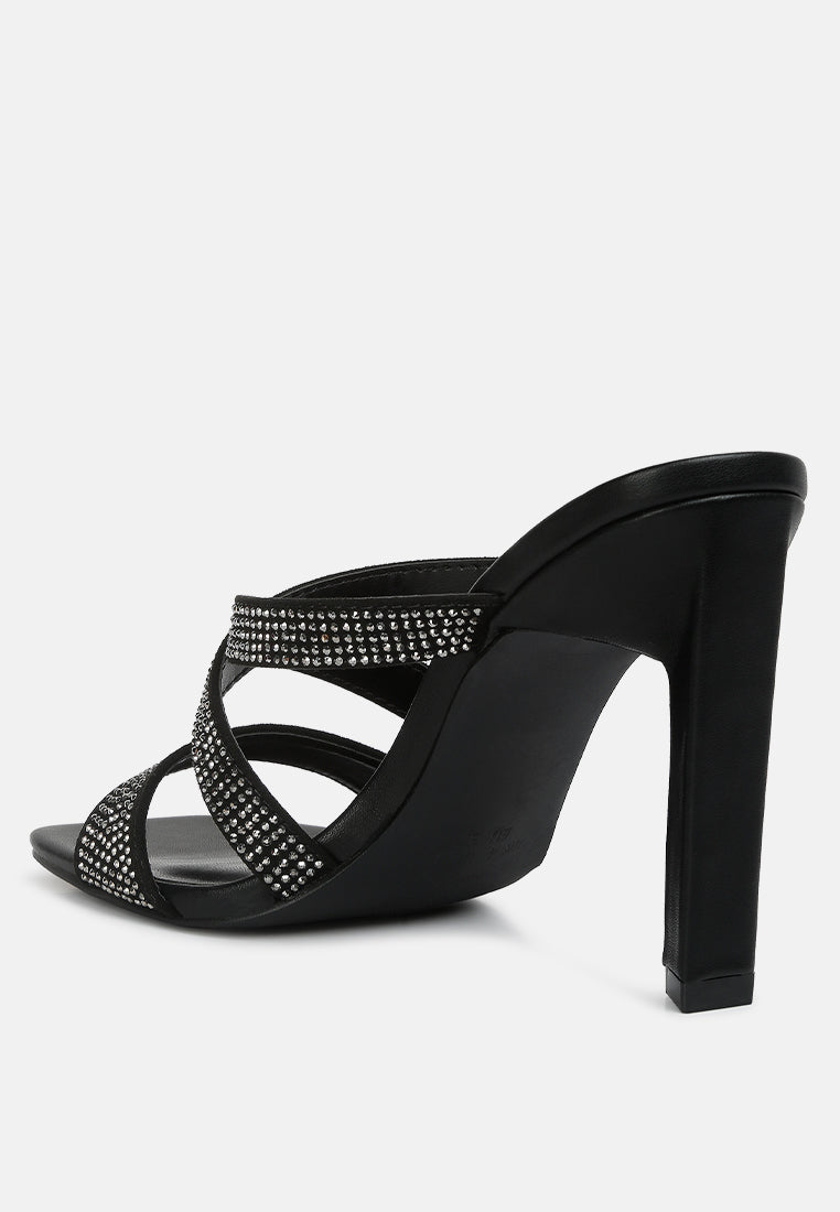 Black rhinestone strappy mule sandal with block heel