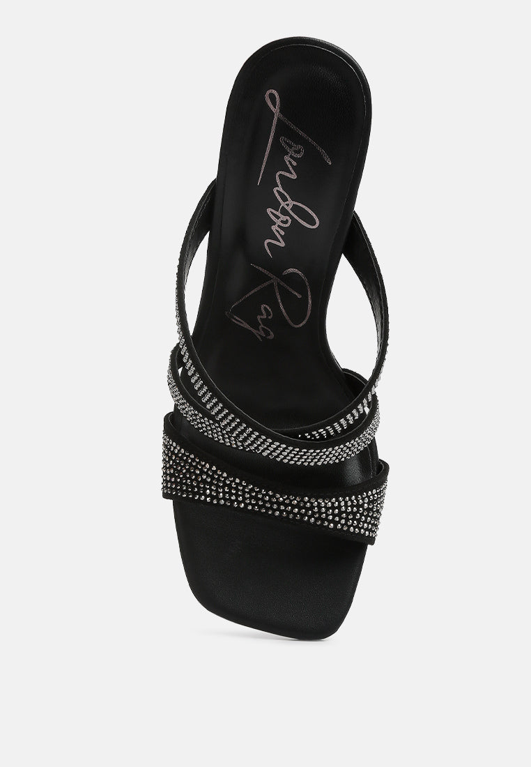 Black rhinestone slide sandal heel with strap band detail