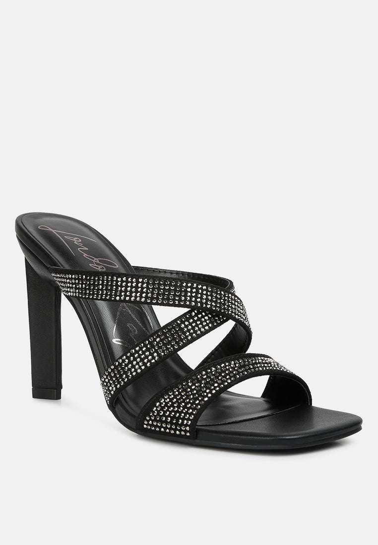 Black rhinestone crisscross strap high-heel slide sandal, open toe