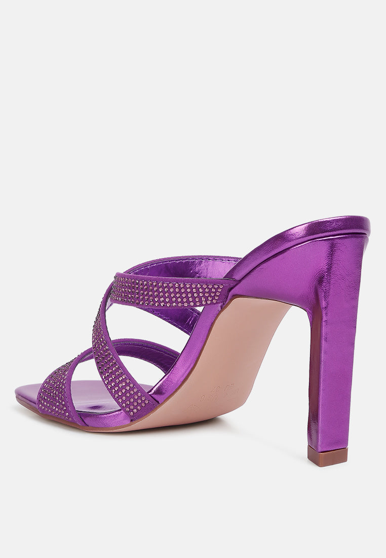 Purple strappy mule sandal with rhinestone straps and block heel