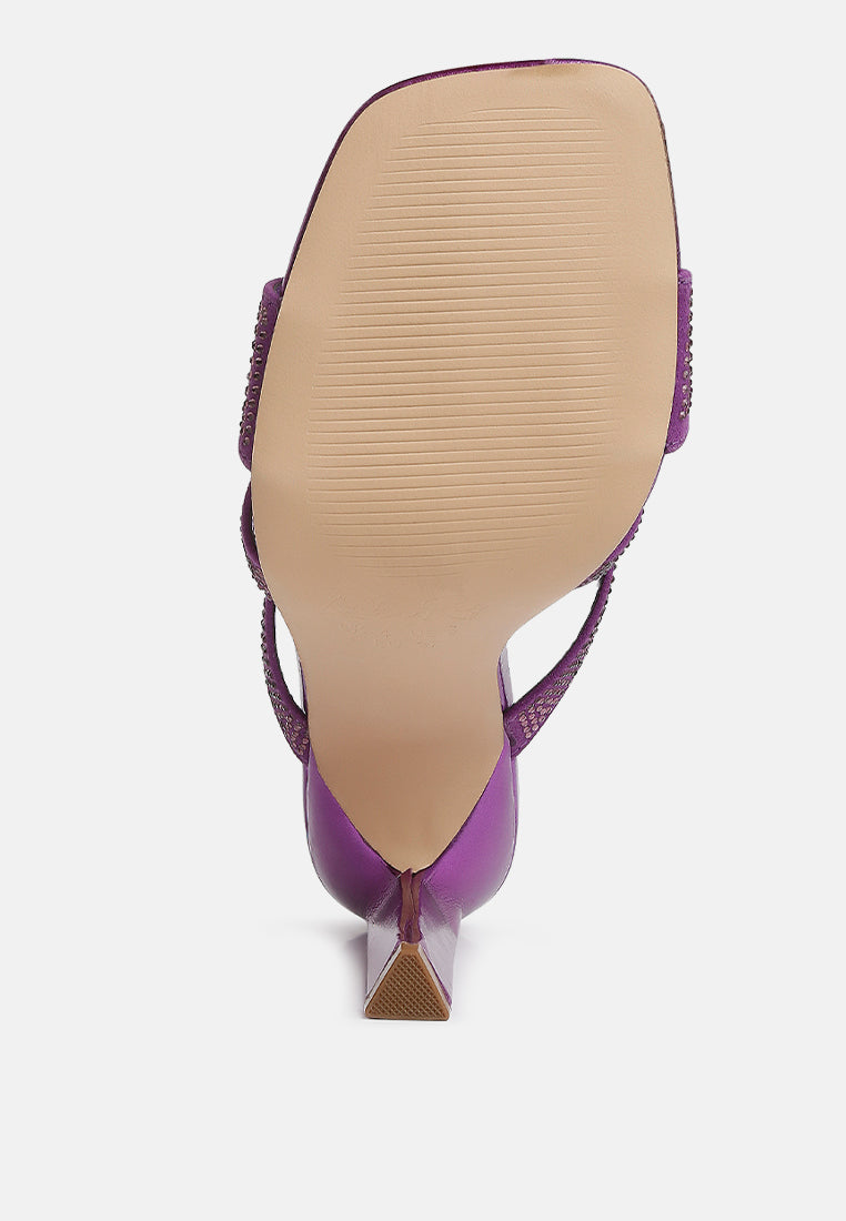 Purple rhinestone sandal sole view with crisscross straps