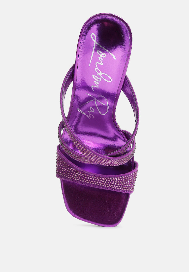 Purple slide sandal heel with rhinestone strap detailing
