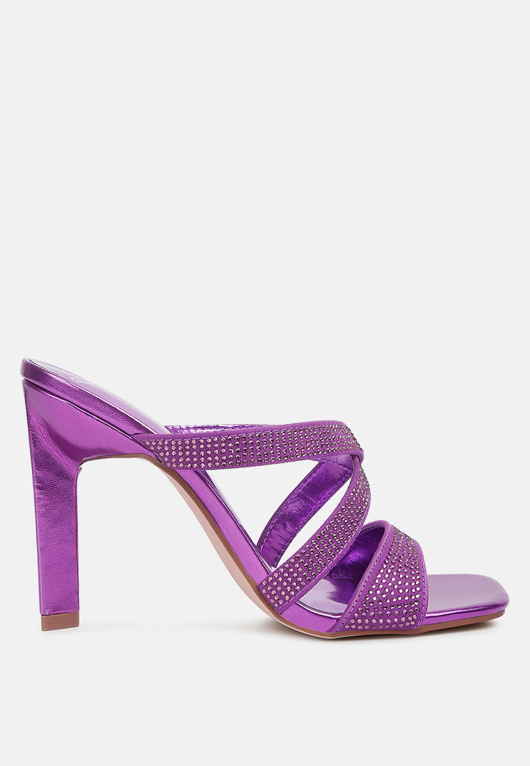 Purple rhinestone strap heeled sandal with crisscross straps