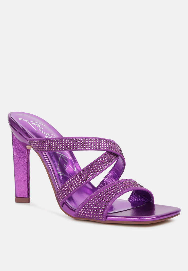 Purple rhinestone embellished strappy heeled sandal, open toe