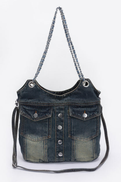 Washed Denim Double Pockets Tote Bag - Tigbul's Variety Fashion Shop