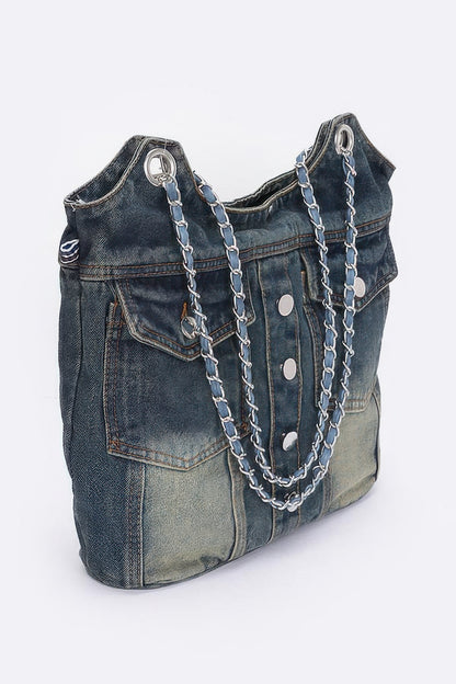 Washed Denim Double Pockets Tote Bag - Tigbul's Variety Fashion Shop