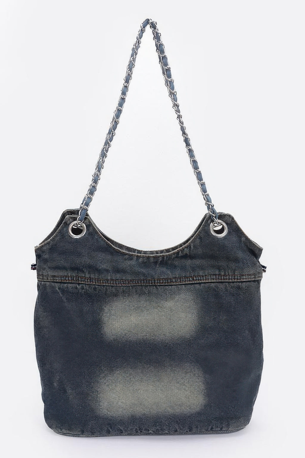 Washed denim bucket-style tote with chain straps and soft slouch shape