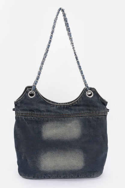 Washed Denim Double Pockets Tote Bag - Tigbul's Variety Fashion Shop