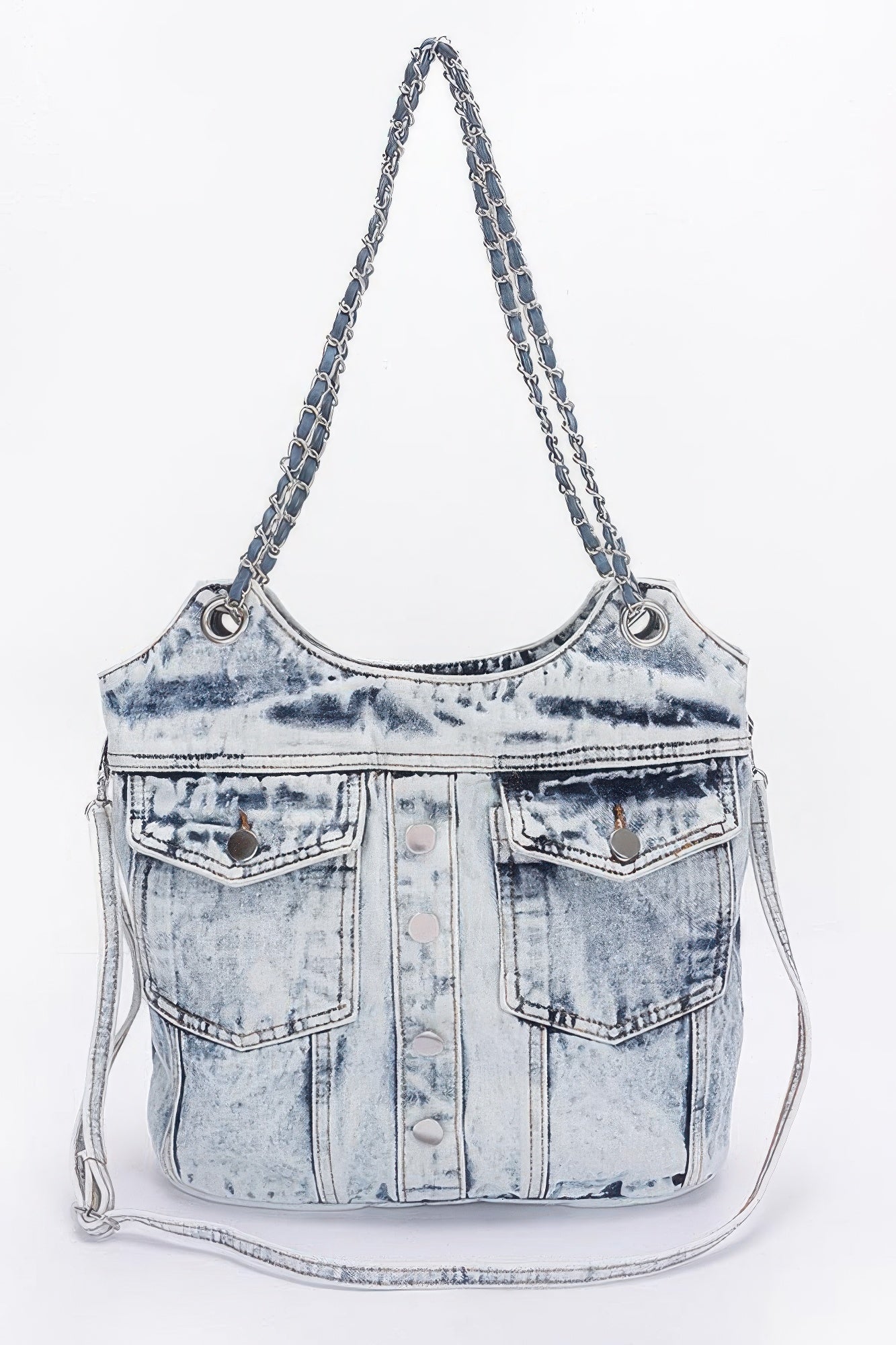 Washed light-blue denim tote with double front pockets, chain straps, and side cord ties