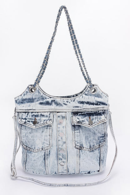 Washed Denim Double Pockets Tote Bag - Tigbul's Variety Fashion Shop