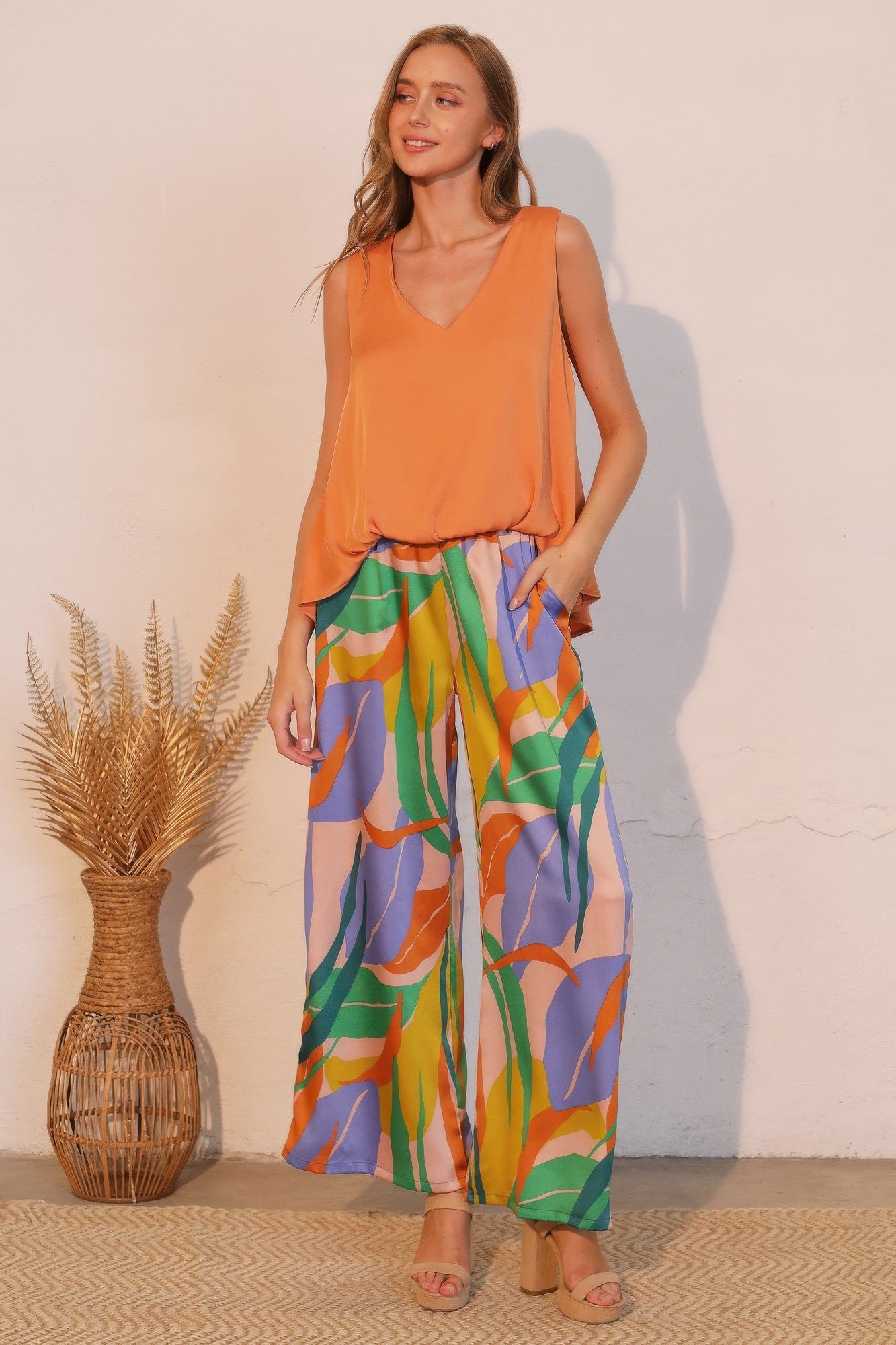 Washed poly silk front tucked top, pumpkin V-neck with tucked front, full view