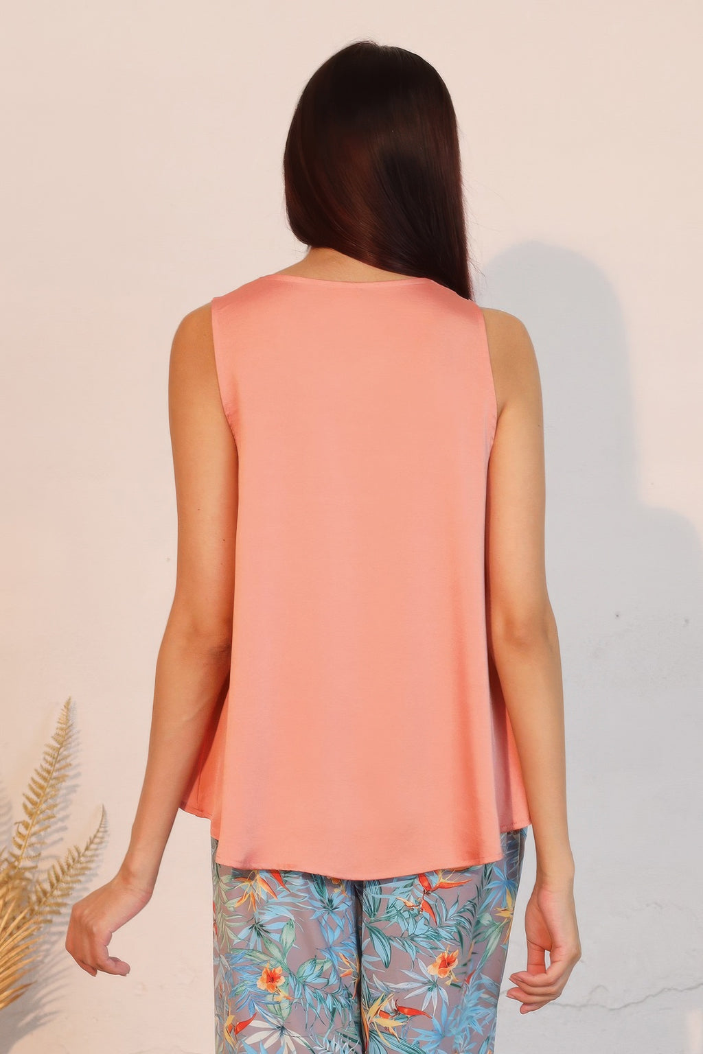 Washed Poly Silk Front Tucked Top, Pink back sleeveless V-neck