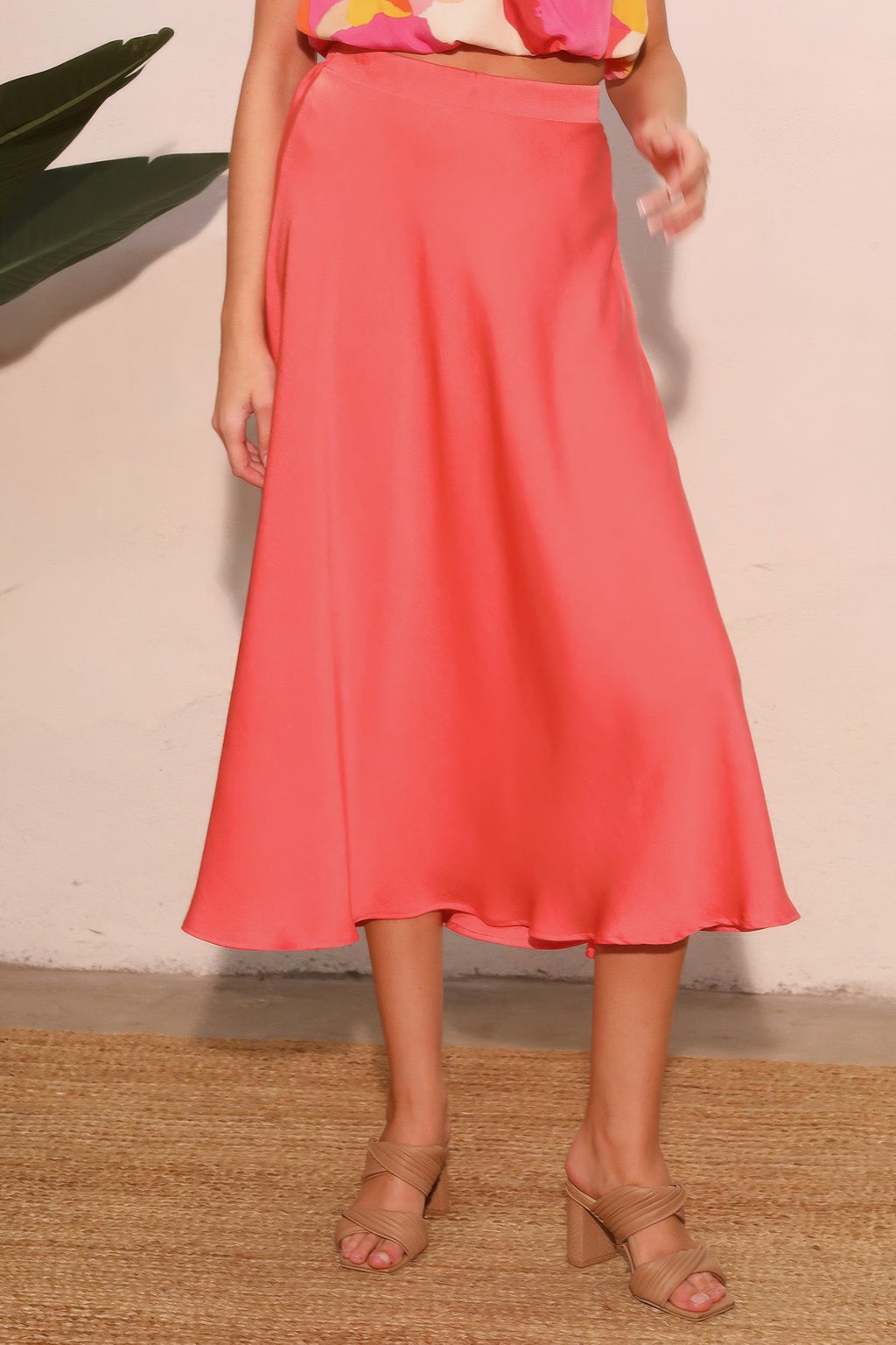 Washed poly-silk midi swing skirt, coral pink, elastic waistband, full A-line hem