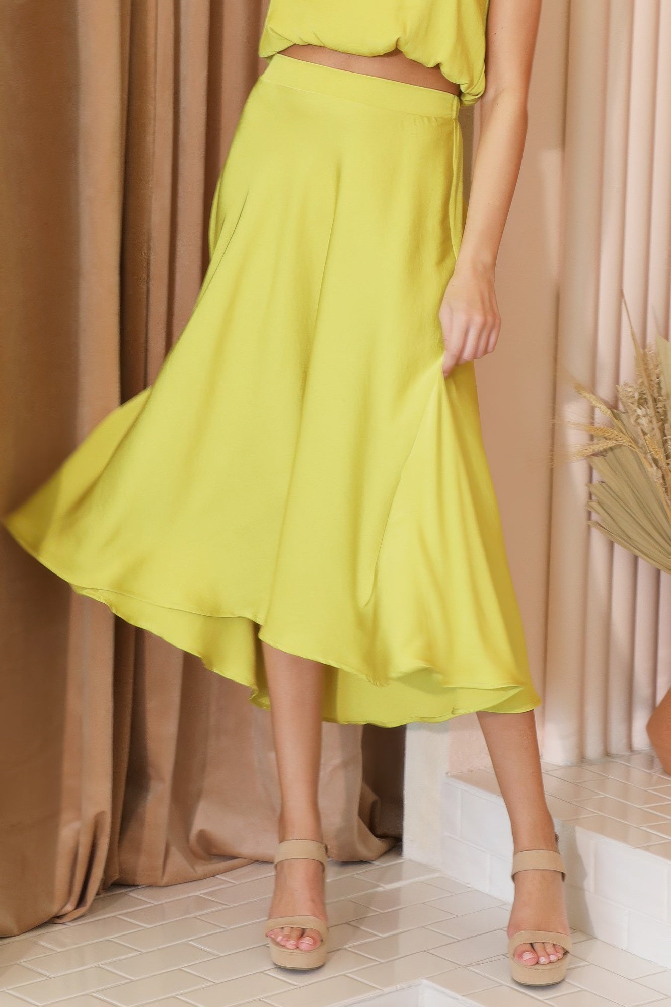 Washed poly-silk midi swing skirt in chartreuse yellow, flowing A-line hem