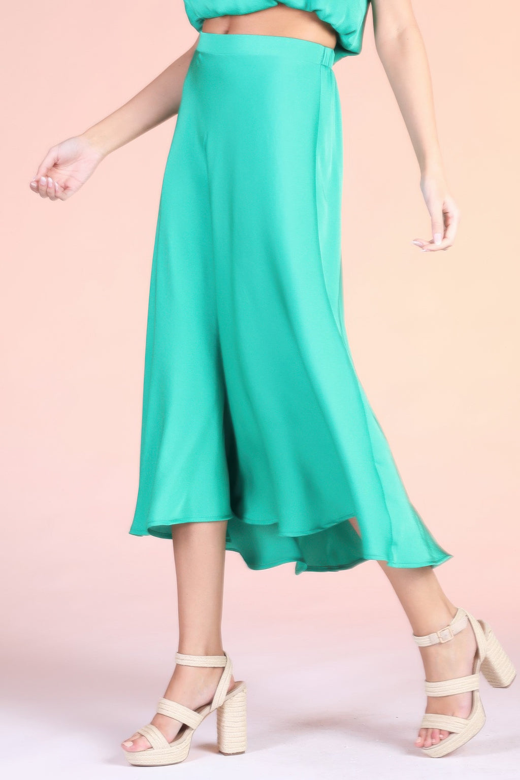 Turquoise midi swing skirt, smooth front with gathered waist and layered skirt hem
