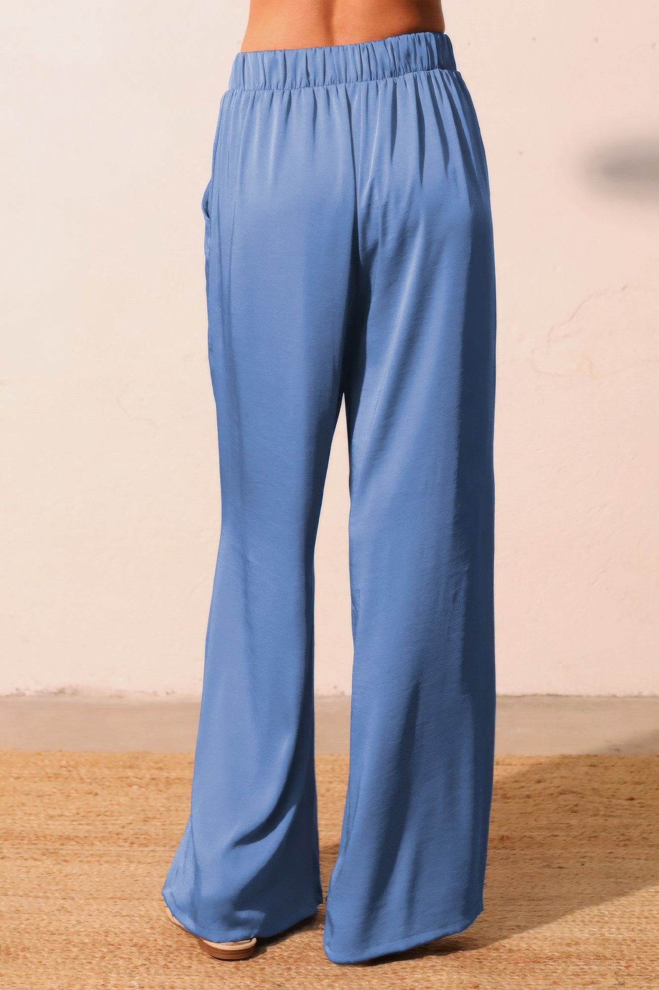 Washed poly-silk pocket pants, washed blue, relaxed wide-leg fit, elastic waist