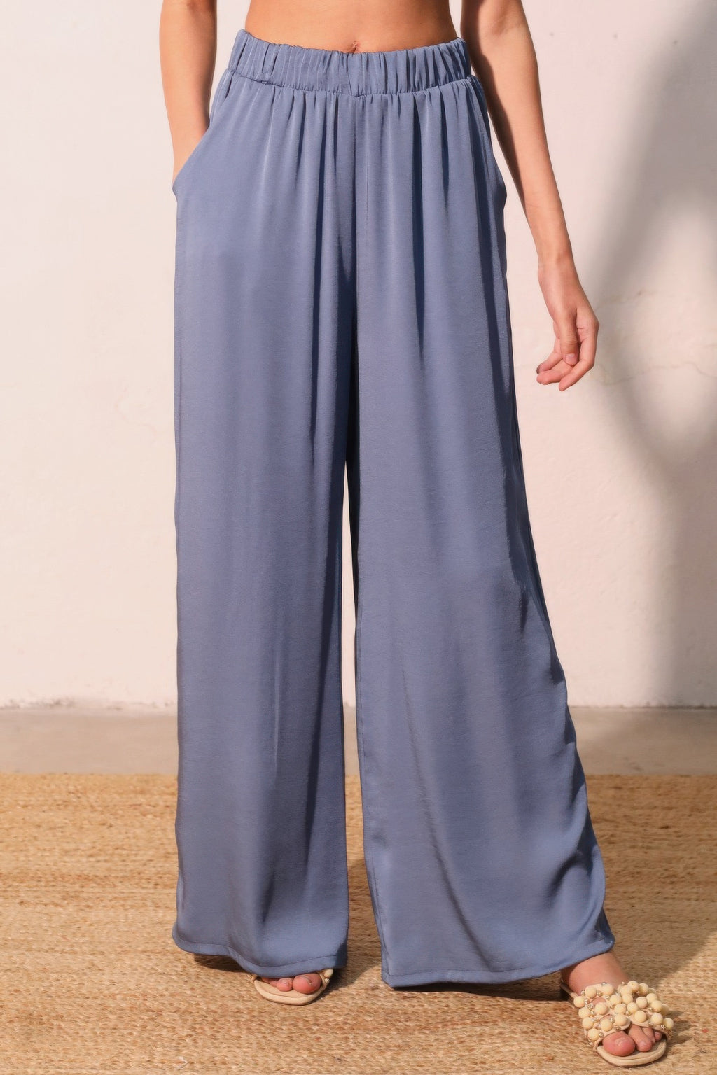 Washed poly-silk pocket pants, washed blue, gathered elastic waist and flowy wide legs