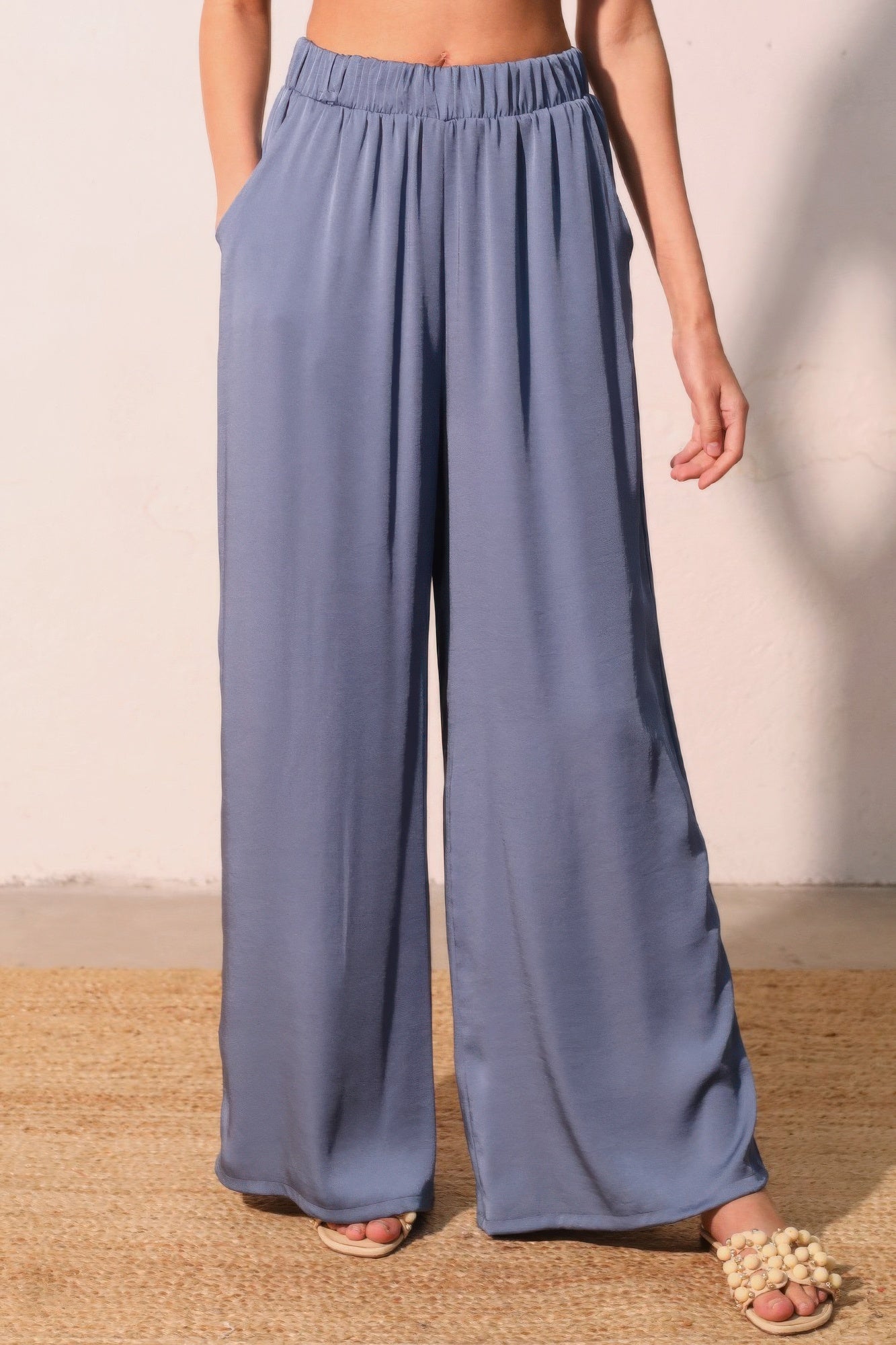 Washed poly-silk pocket pants, washed blue, gathered elastic waist and flowy wide legs