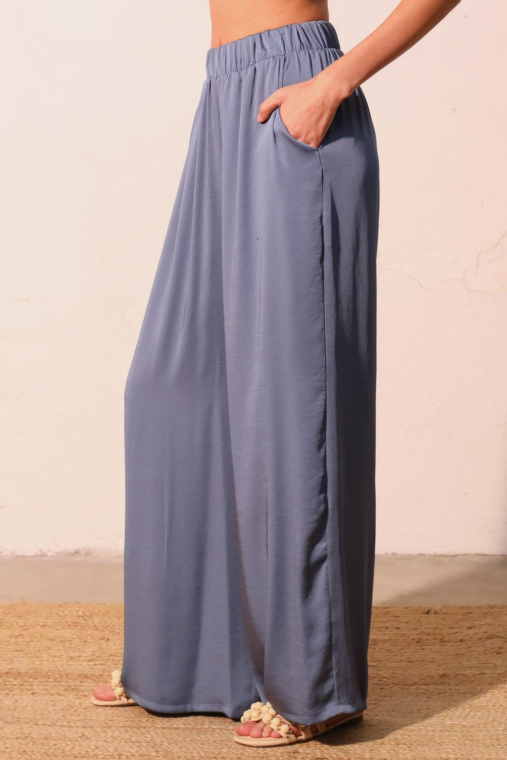 Washed poly-silk pocket pants, washed blue, side slit hem detail, elastic waistband