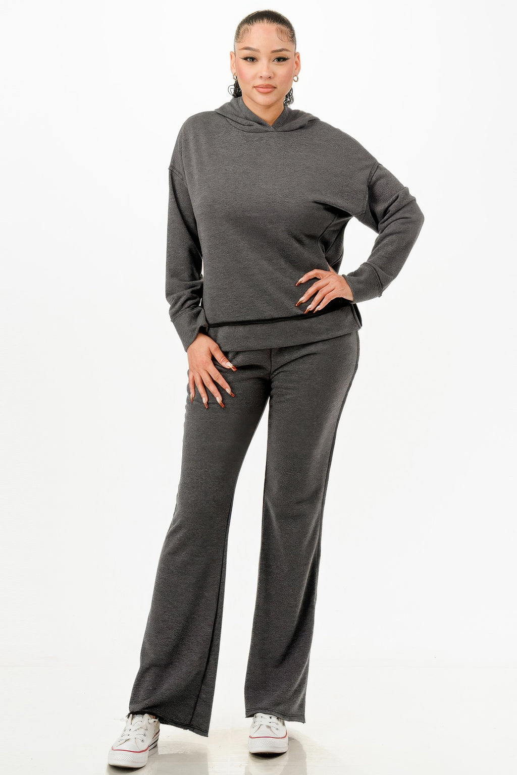 Washed Sweat Two-piece Set in charcoal: hoodie and wide-leg sweatpants