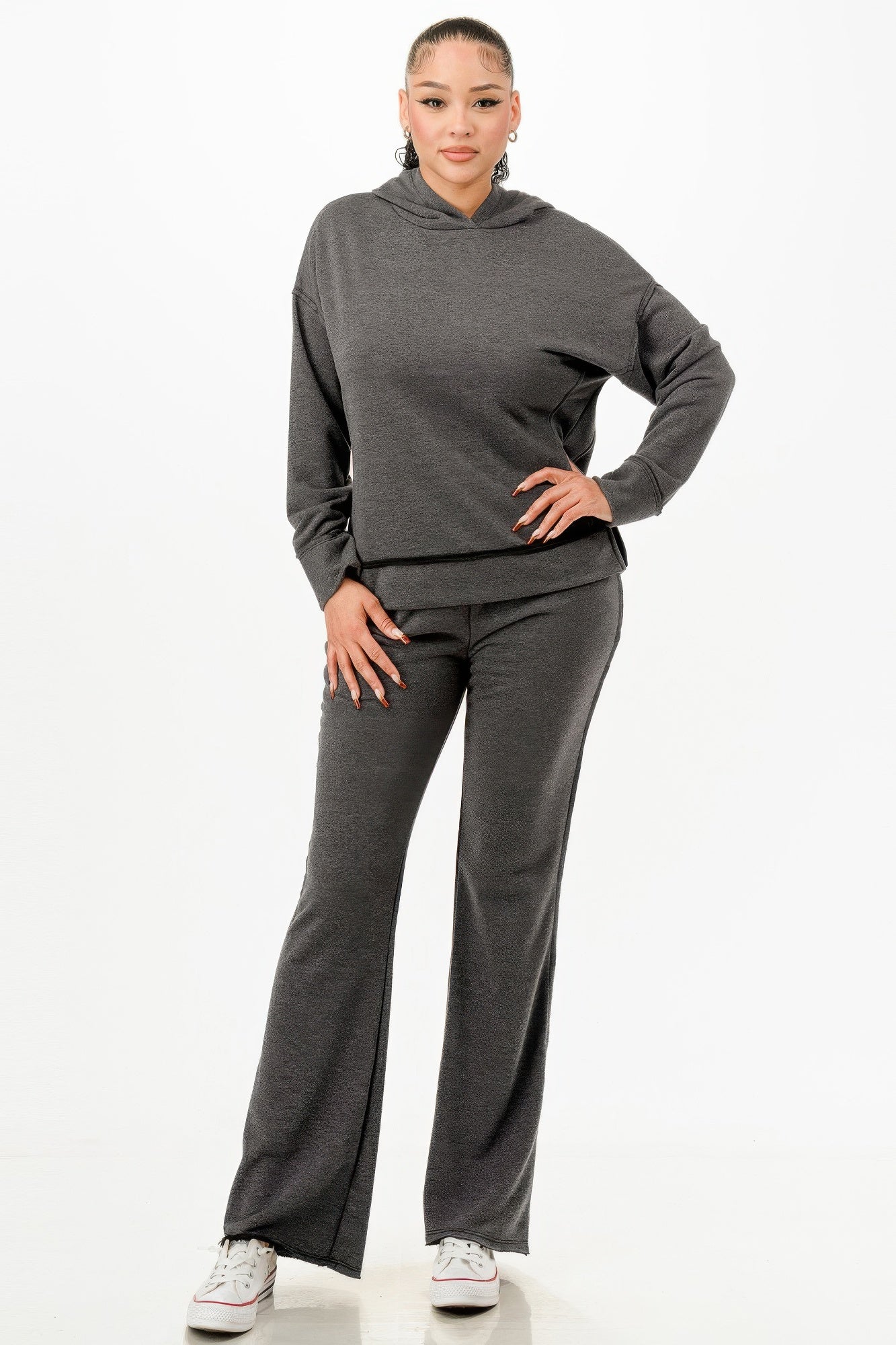 Washed Sweat Two-piece Set in charcoal: hoodie and wide-leg sweatpants