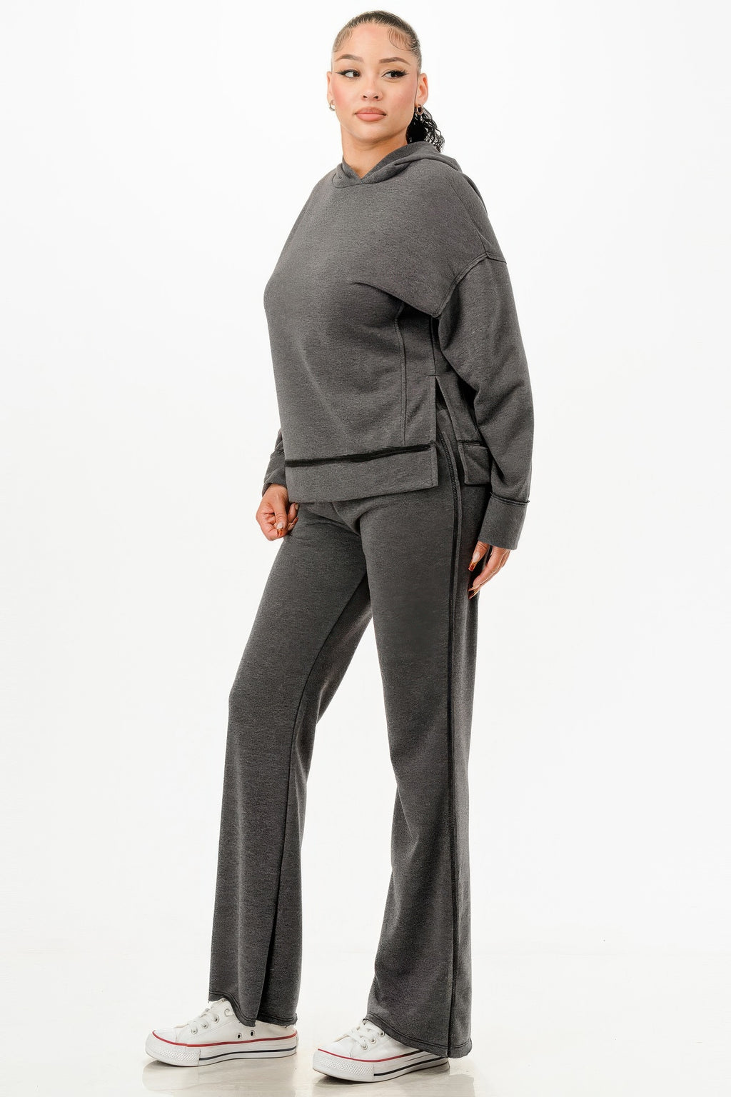 Charcoal washed sweat set: cropped-look hoodie with hood and wide sweatpants