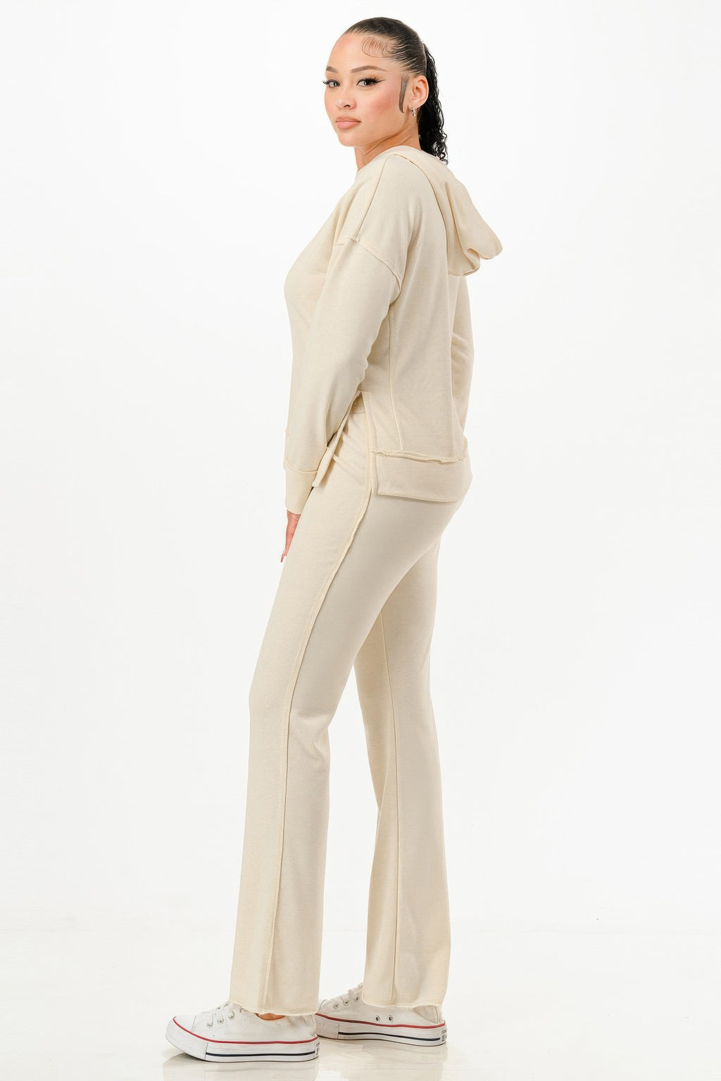 Cream washed sweat set, side view: pullover hoodie and wide sweatpants