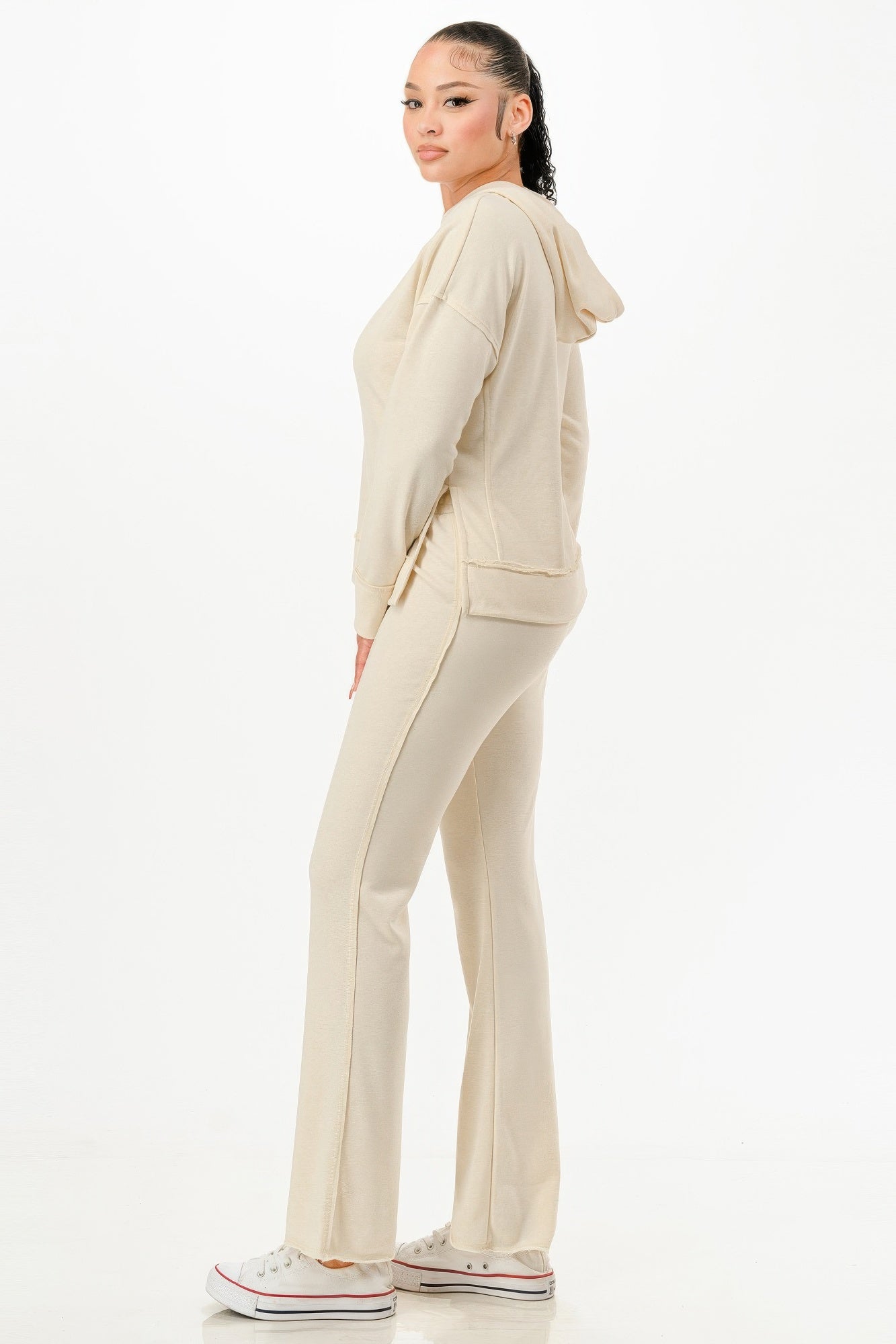 Cream washed sweat set, side view: pullover hoodie and wide sweatpants