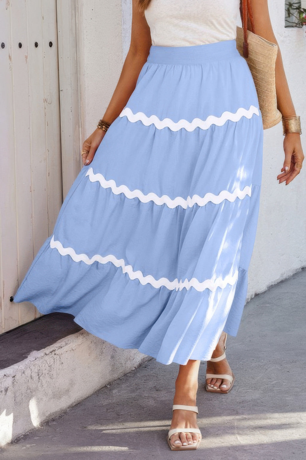 Waves print pleated skirt with elastic waistband, blue with white wavy stripes