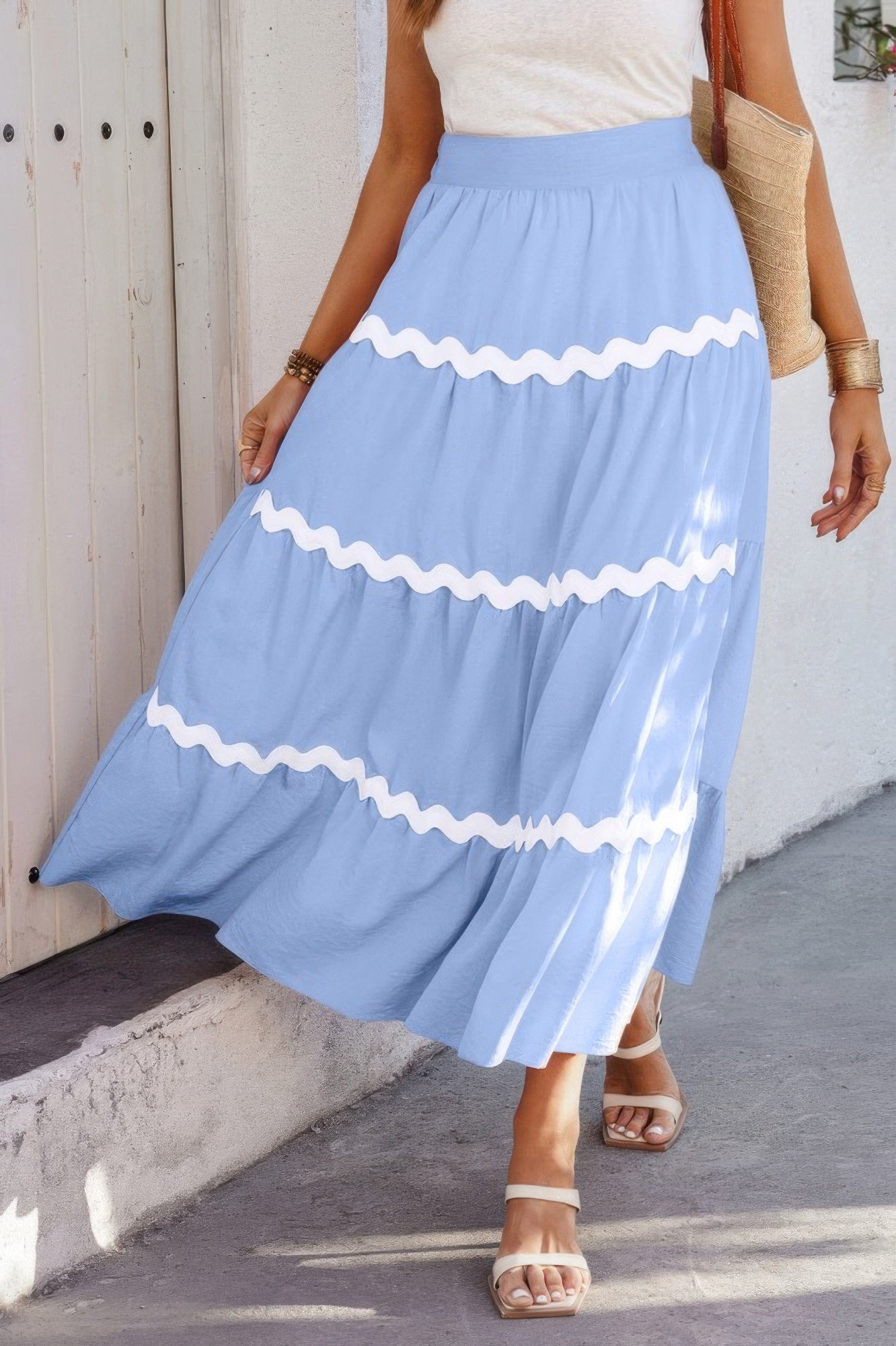 Waves print pleated skirt with elastic waistband, blue with white wavy stripes
