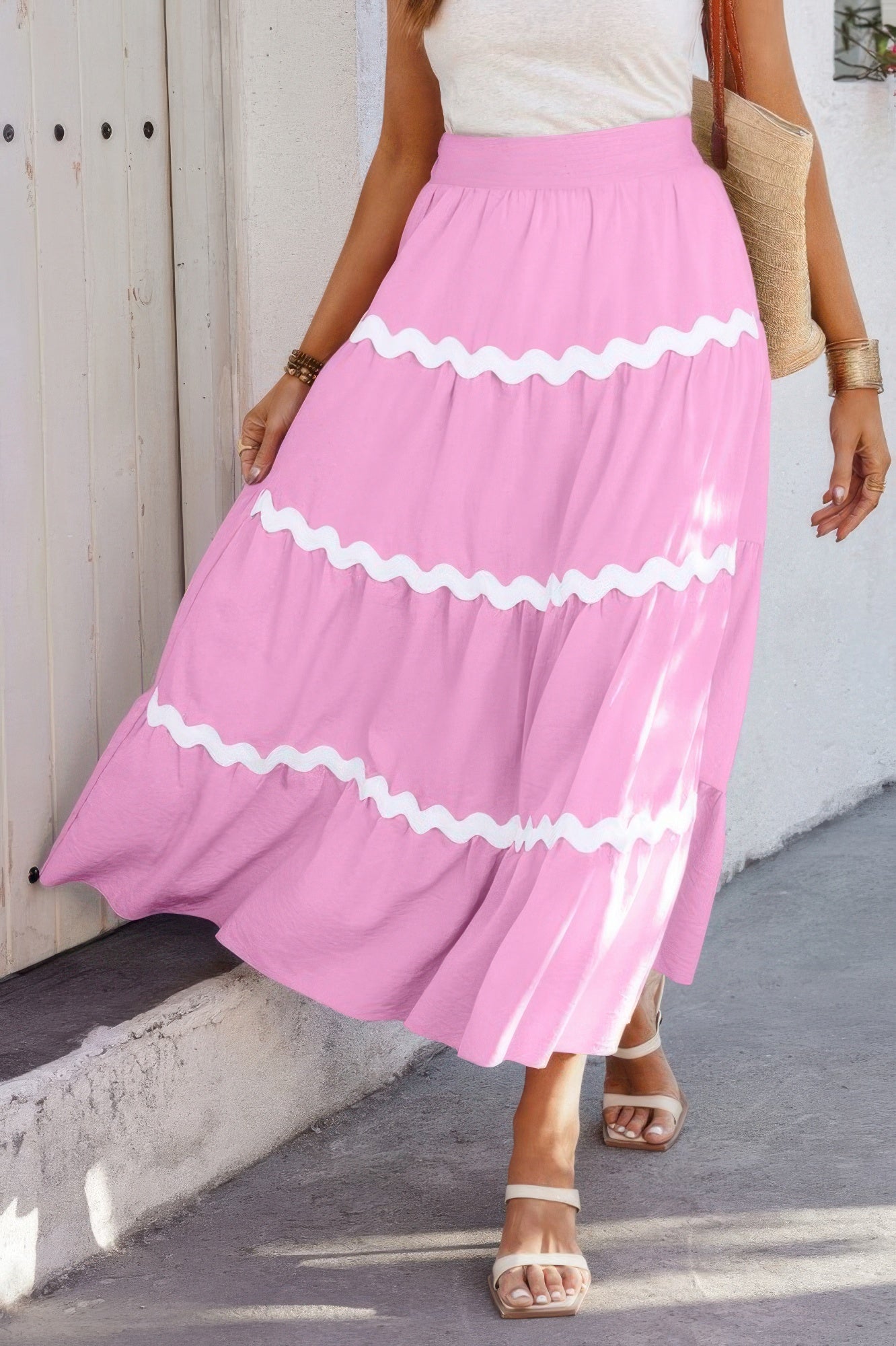 Waves print pleated skirt with elastic waistband, pink with white wavy stripes