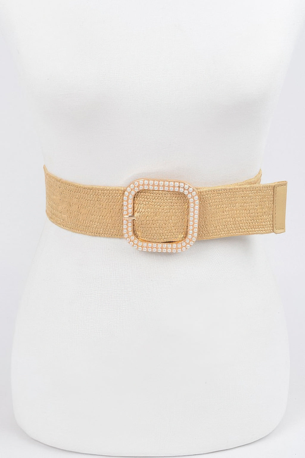 Weaved pearl buckle belt in nude gold with square rhinestone pearl frame