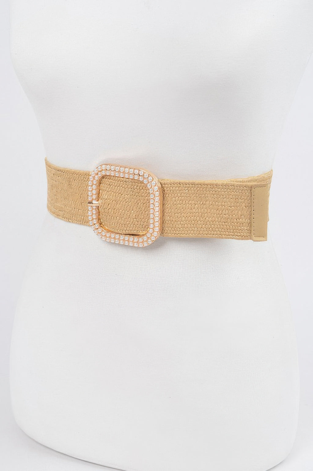 Weaved pearl buckle belt, nude gold strap with square jeweled buckle detail