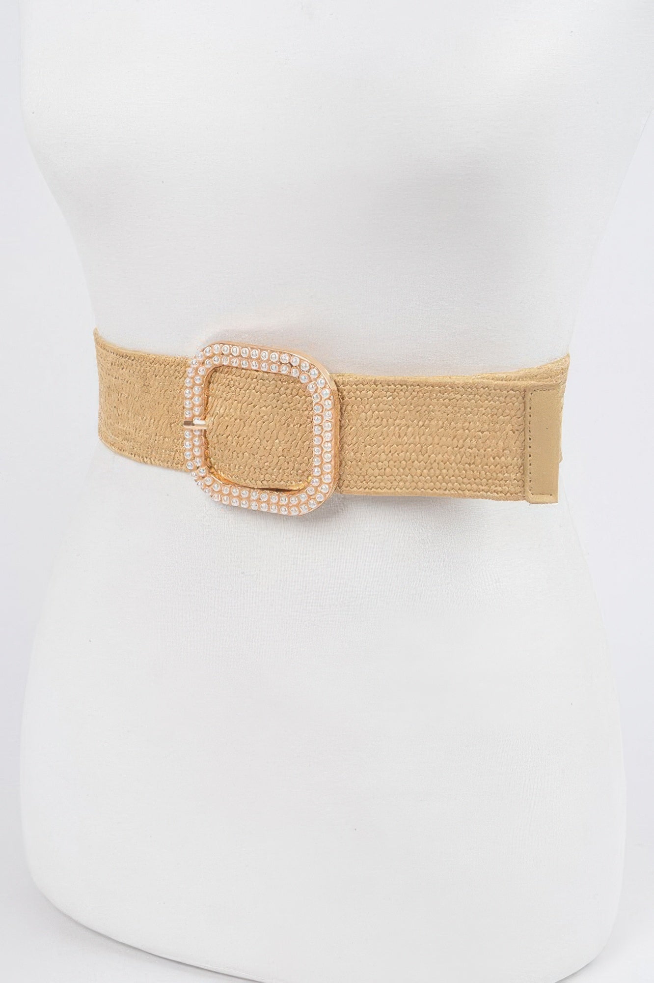 Weaved pearl buckle belt, nude gold strap with square jeweled buckle detail