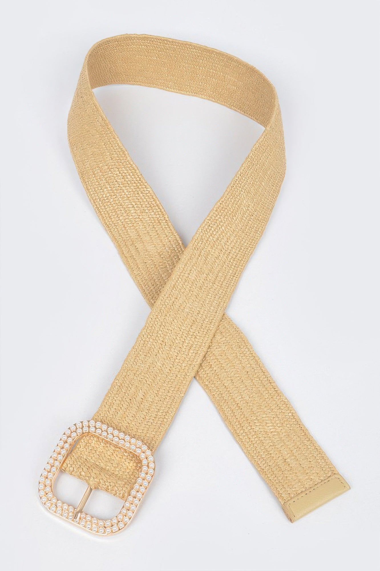 Weaved pearl buckle belt nude gold, full length with square pearl-studded buckle