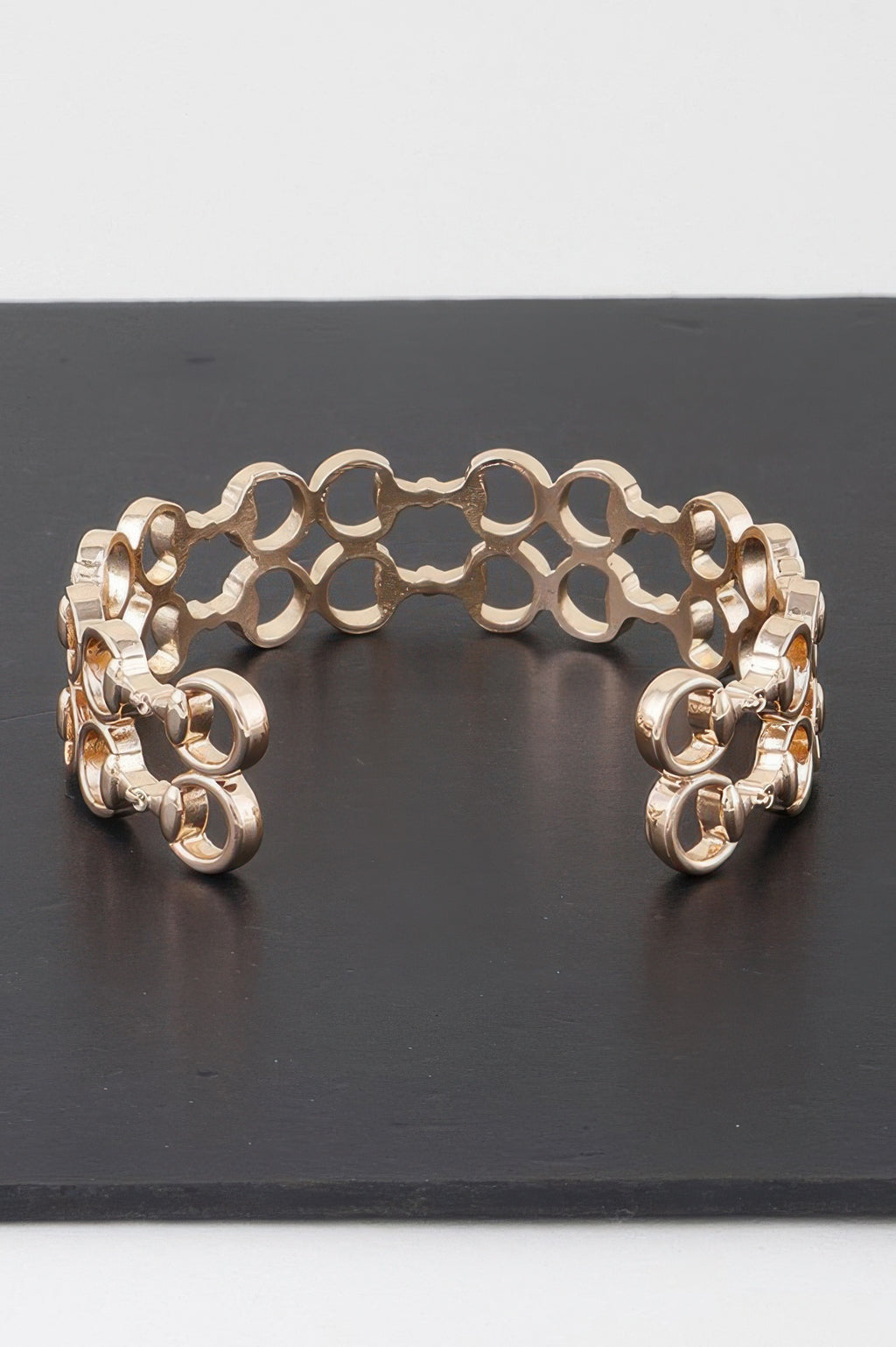 Gold welded ring chain cuff bracelet, arched fit with circular open links