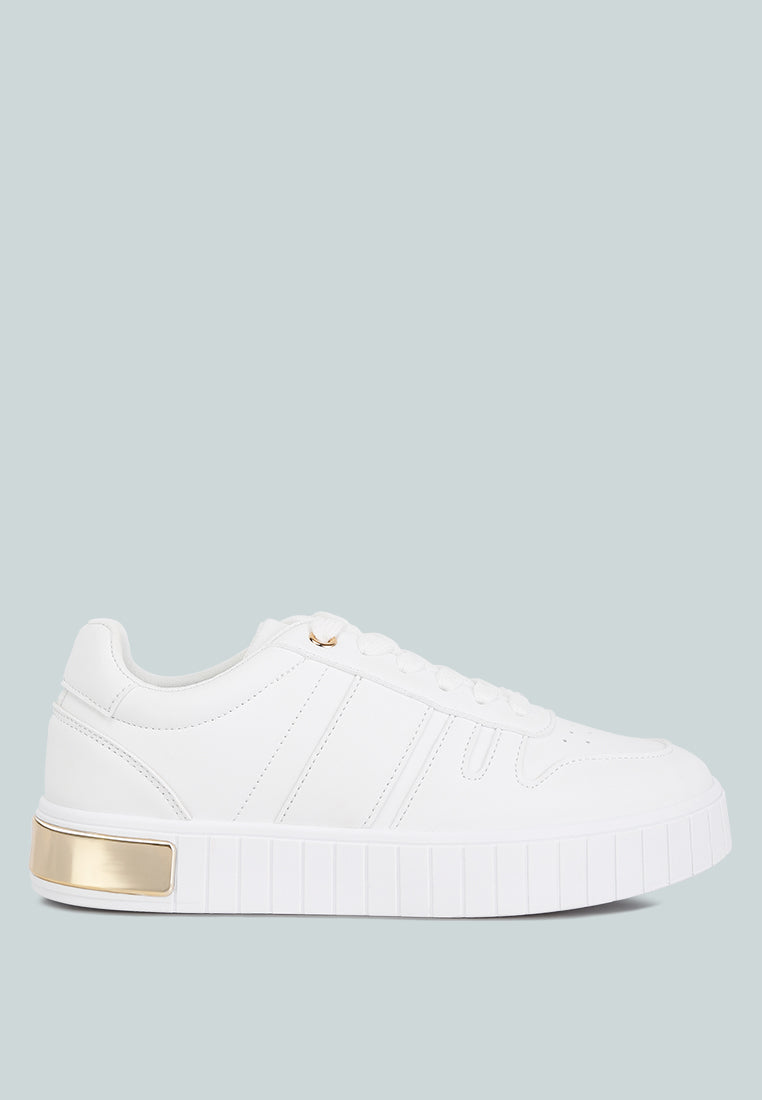 Welsh paneling detail sneakers, white leather with gold heel bar