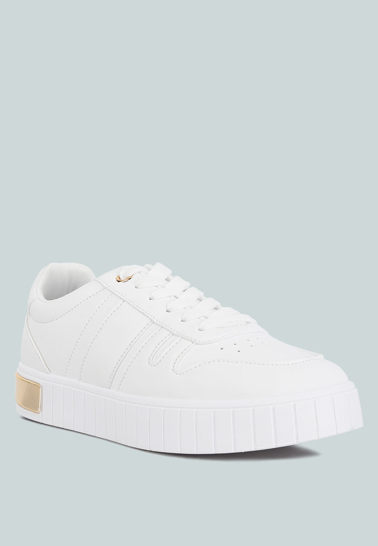 White sneakers side view with stitched paneling and lace-up eyelets