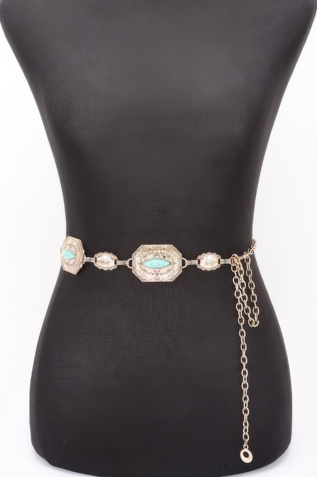 Western turquoise chain belt with gold-tone links, oval turquoise in ornate settings
