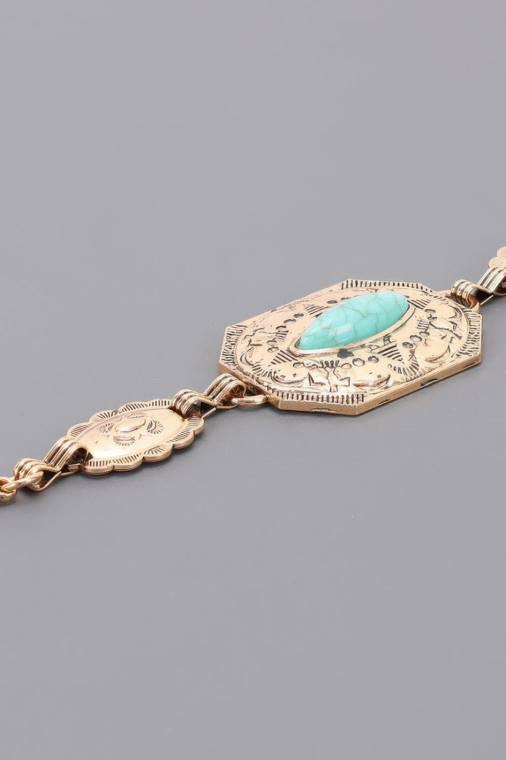 Western turquoise chain belt, gold-tone link chain with engraved turquoise central plates